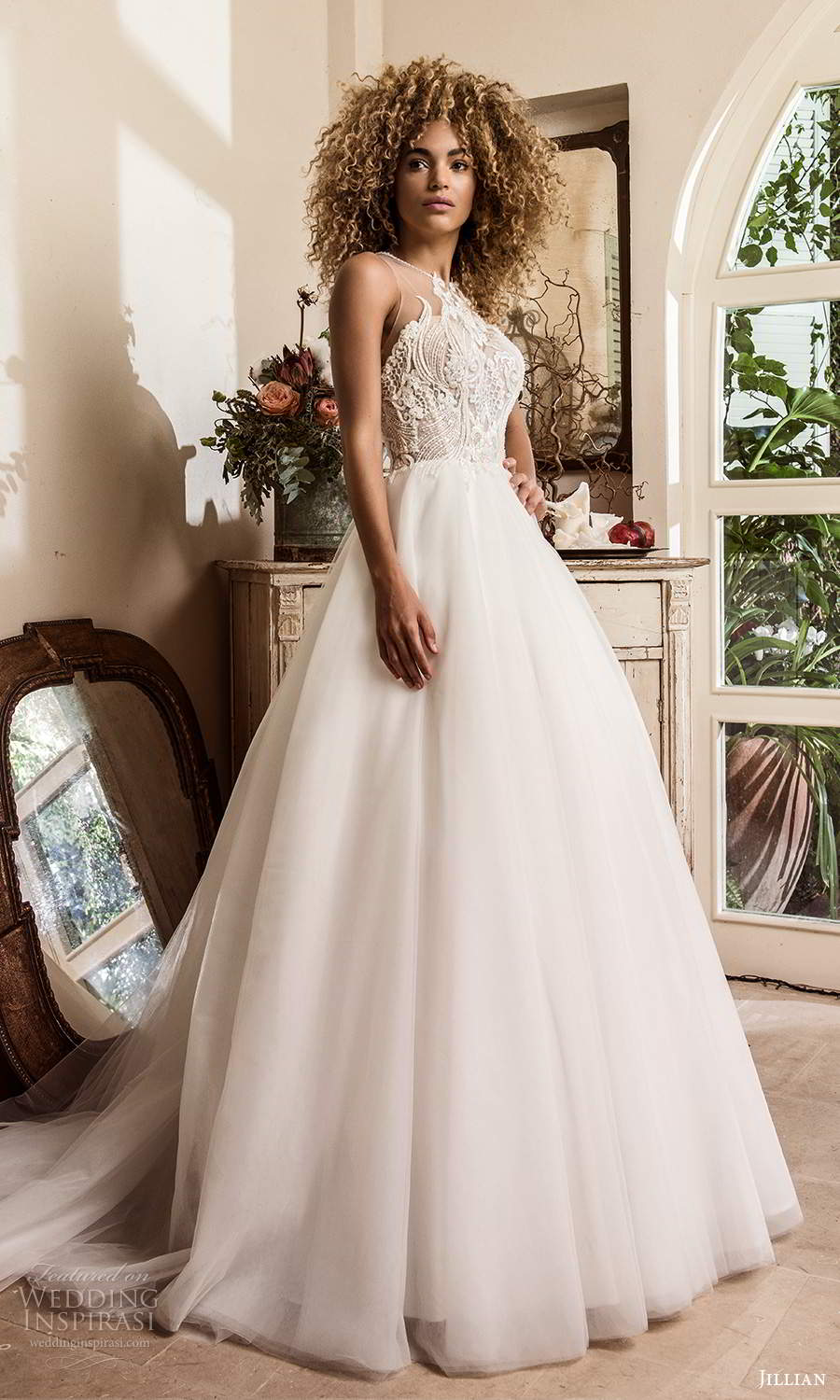 jillian sposa 2021 bridal sleeveless illusion strap jewel neckline heavily embellished bodice a line ball gown wedding dress chapel train (2) mv