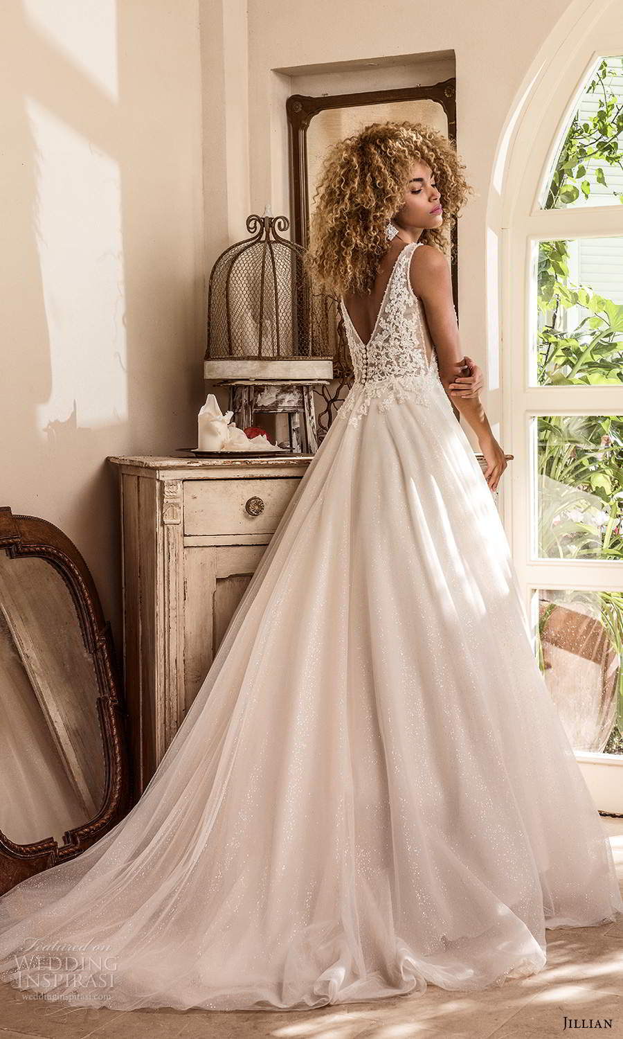 jillian sposa 2021 bridal sleeveless straps plunging v neckline embellished lace bodice a line ball gown wedding dress chapel train (6) bv