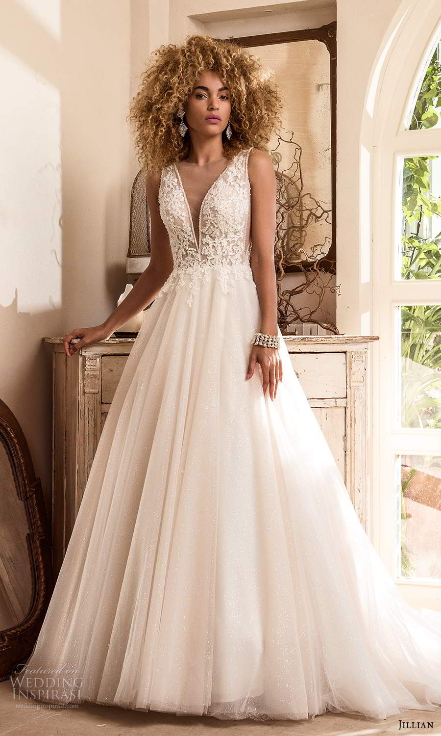 jillian sposa 2021 bridal sleeveless straps plunging v neckline embellished lace bodice a line ball gown wedding dress chapel train (6) mv