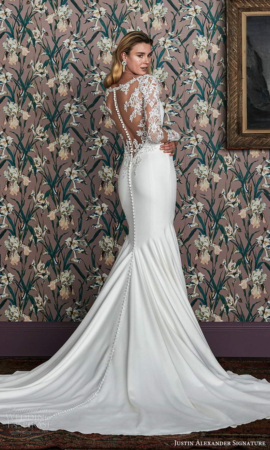 justin alexander spring 2021 bridal illusion long sleeve bateau neckline clean modern fit flare wedding dress chapel train illusion back (11) bv