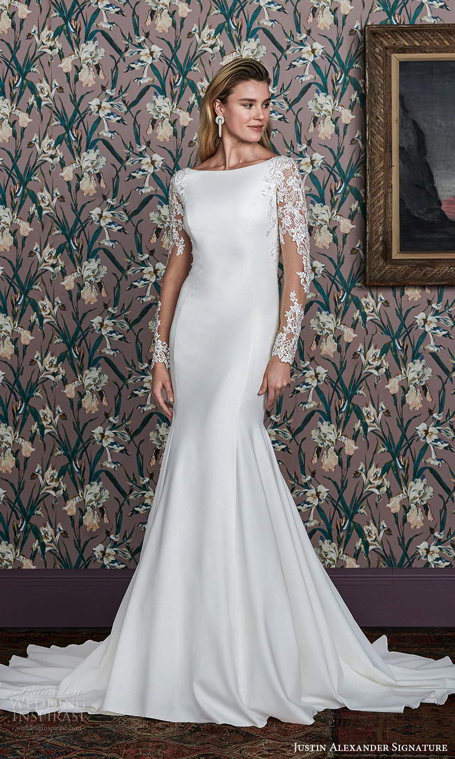 justin alexander spring 2021 bridal illusion long sleeve bateau neckline clean modern fit flare wedding dress chapel train illusion back (11) mv