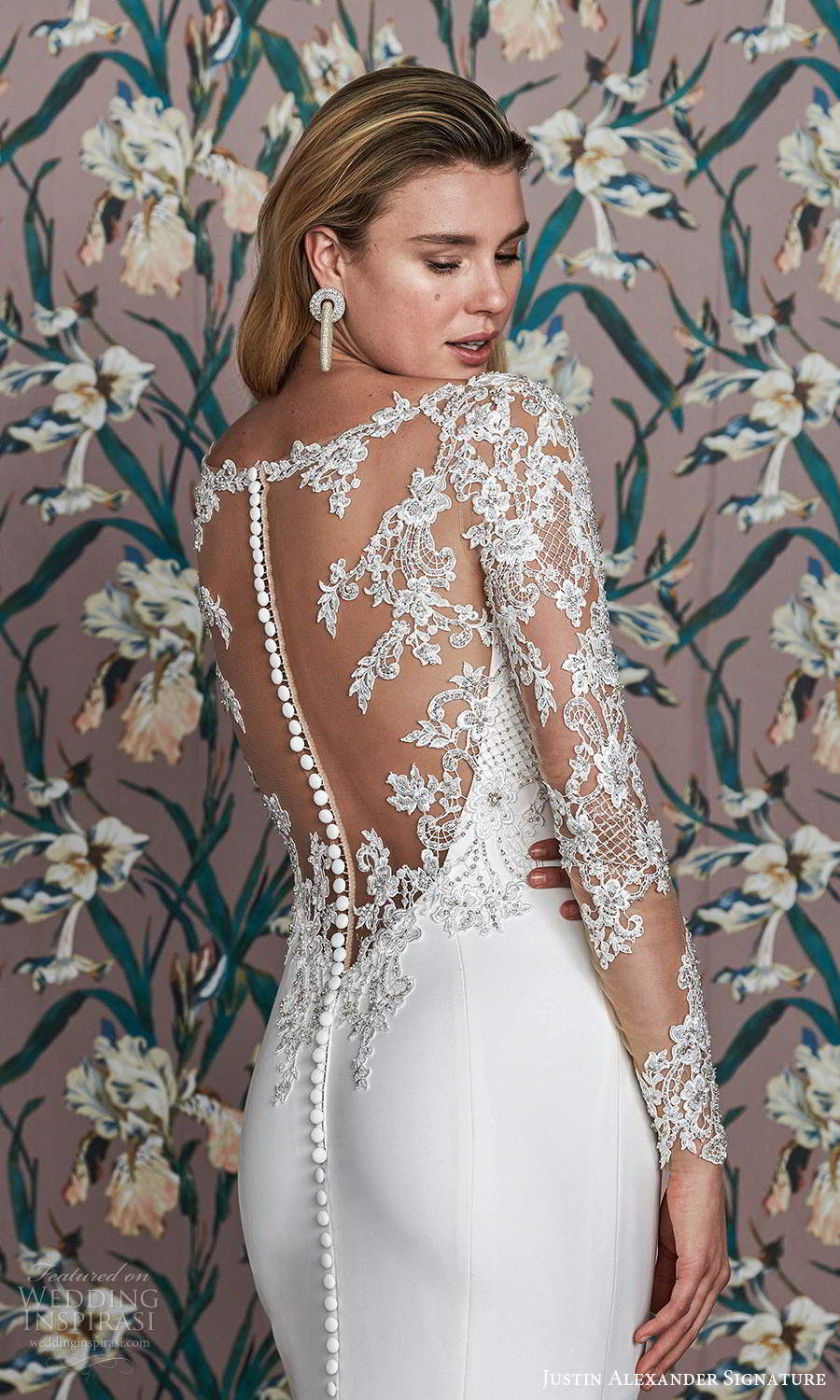 justin alexander spring 2021 bridal illusion long sleeve bateau neckline clean modern fit flare wedding dress chapel train illusion back (11) zbv