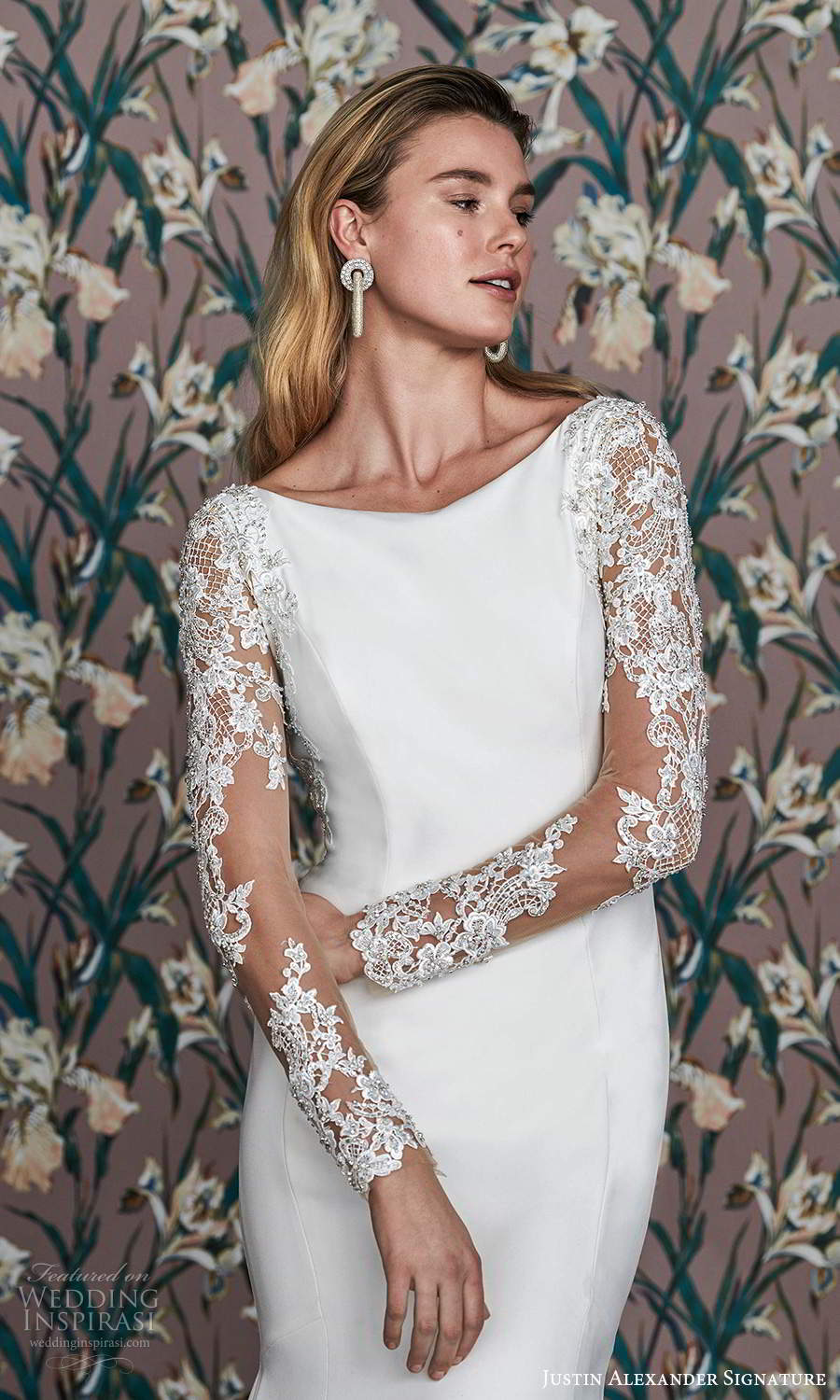 justin alexander spring 2021 bridal illusion long sleeve bateau neckline clean modern fit flare wedding dress chapel train illusion back (11) zv