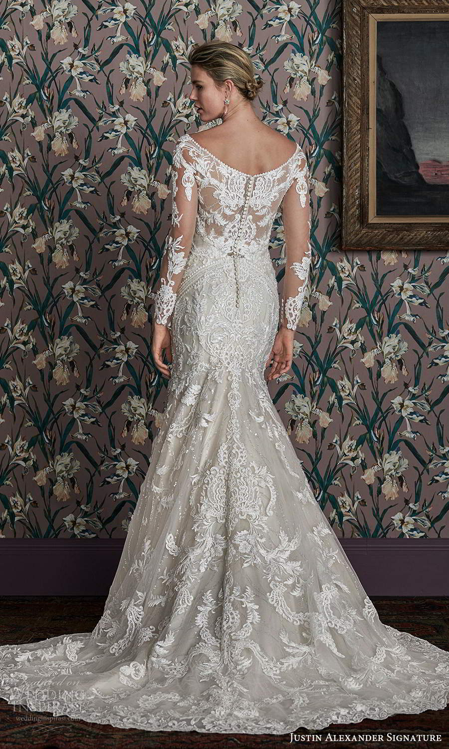 justin alexander spring 2021 bridal illusion long sleeves off shoulder v neckline fully embellished lace fit flare mermaid wedding dress chapel train (14) bv