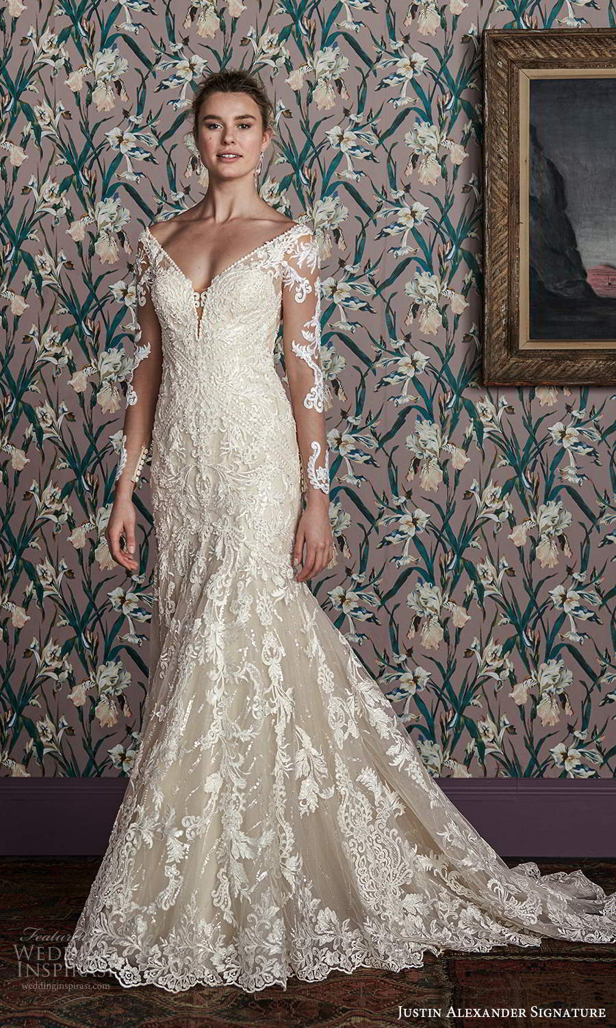 justin alexander spring 2021 bridal illusion long sleeves off shoulder v neckline fully embellished lace fit flare mermaid wedding dress chapel train (14) mv