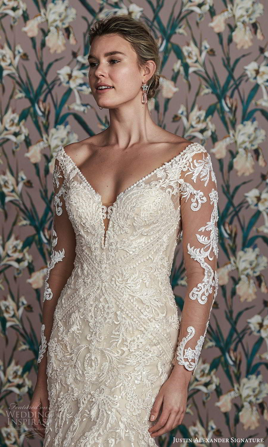 justin alexander spring 2021 bridal illusion long sleeves off shoulder v neckline fully embellished lace fit flare mermaid wedding dress chapel train (14) zv