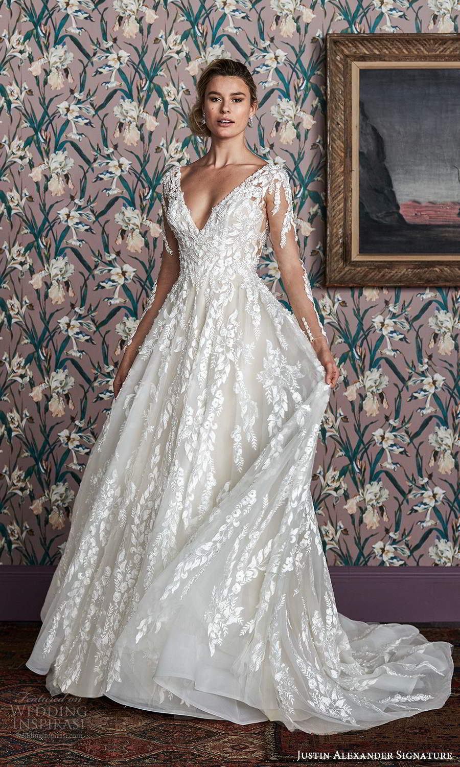 justin alexander spring 2021 bridal illusion long sleeves plunging v neckline fully embellished a line ball gown wedding dress chapel train (6) mv