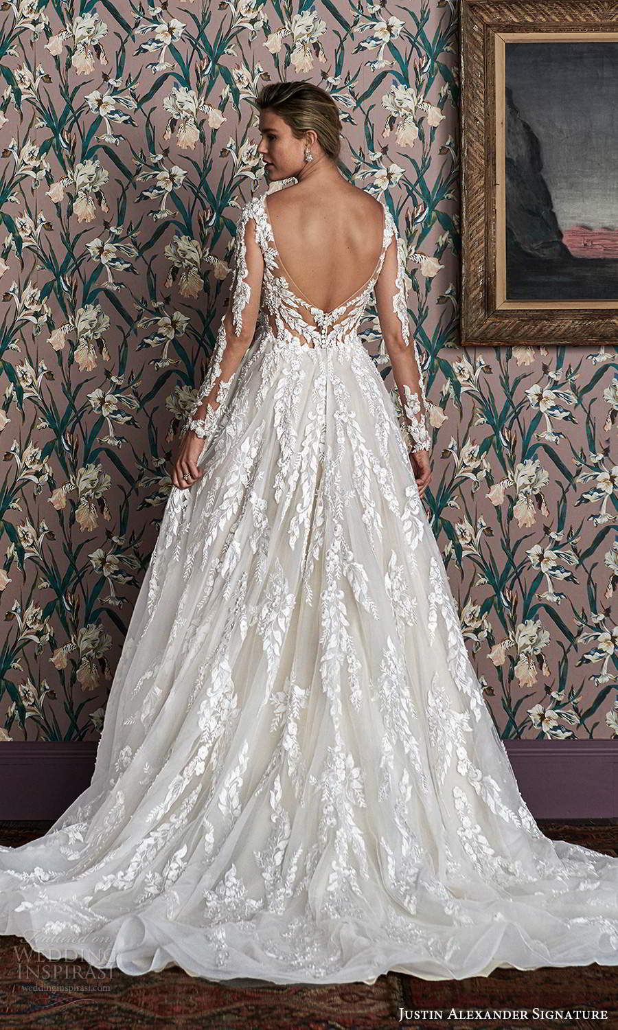 justin alexander spring 2021 bridal illusion long sleeves plunging v neckline fully embellished a line ball gown wedding dress scoop back chapel train (6) bv