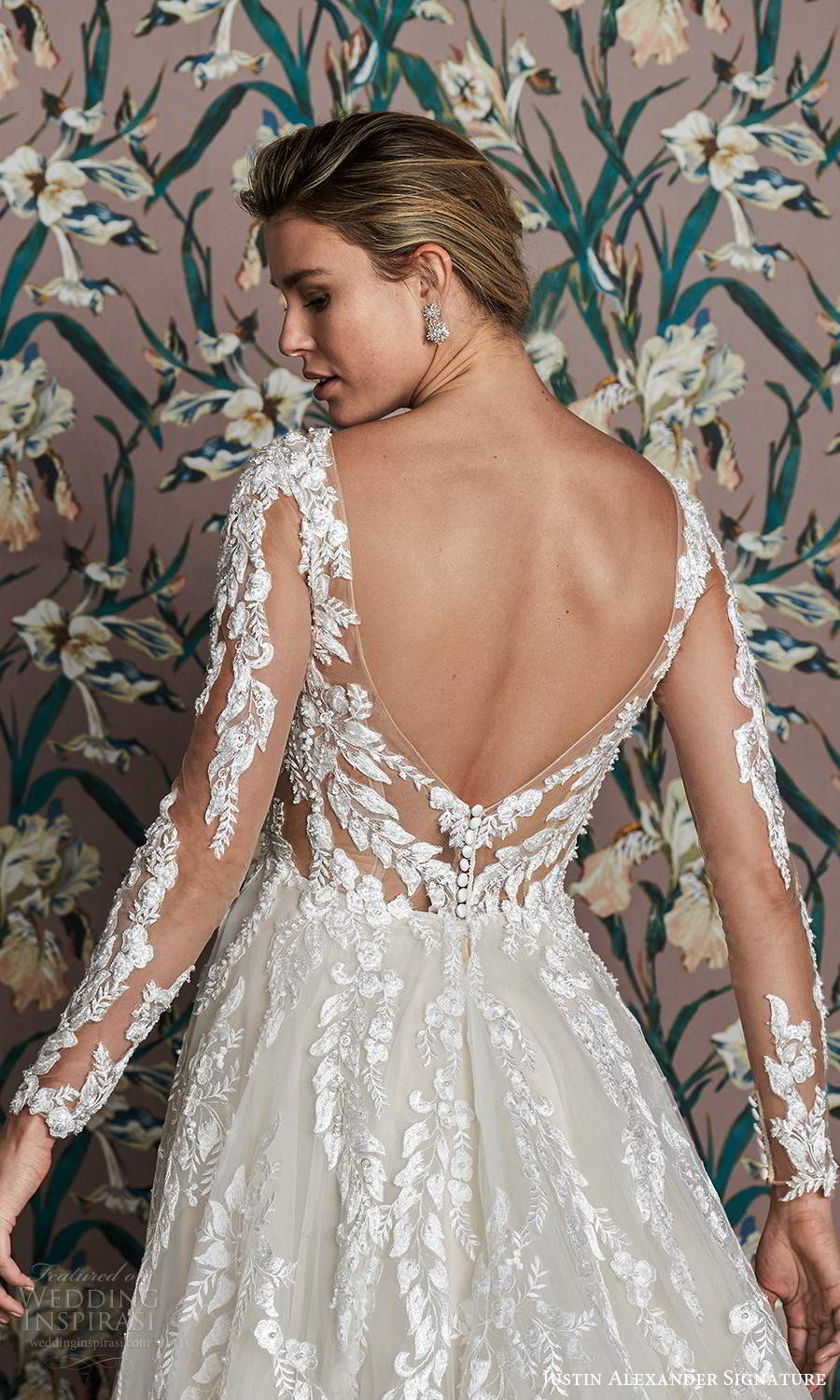 justin alexander spring 2021 bridal illusion long sleeves plunging v neckline fully embellished a line ball gown wedding dress scoop back chapel train (6) zbv