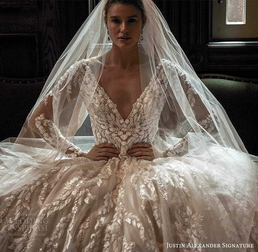 justin alexander spring 2021 bridal illusion long sleeves plunging v neckline fully embellished a line ball gown wedding dress scoop back chapel train veil (6) zv