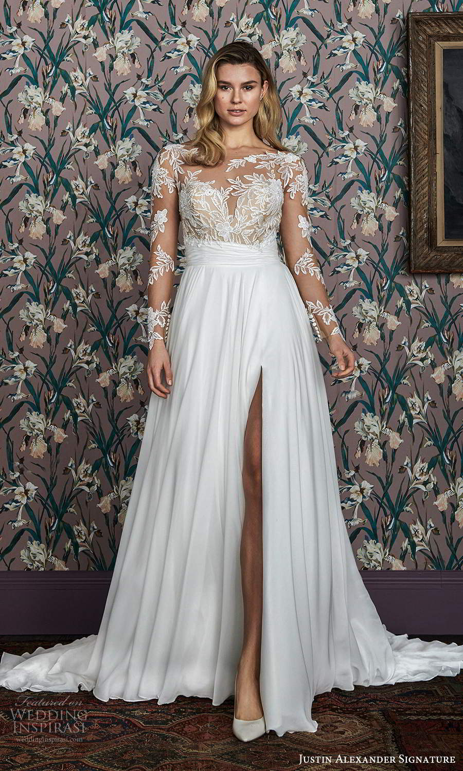 justin alexander spring 2021 bridal illusion long sleeves sheer bateau neck sweetheartneckline embellished bodice a line ball gown wedding dress clean slit skirt mv (12) mv