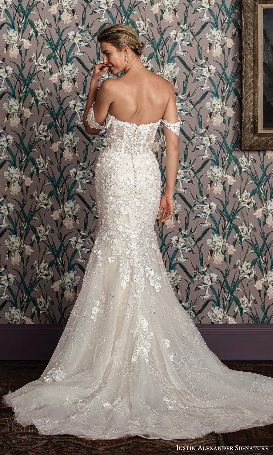 justin alexander spring 2021 bridal off shoulder straps sweetheart neckline fully embellished lace mermaid wedding dress chapel train (4) bv