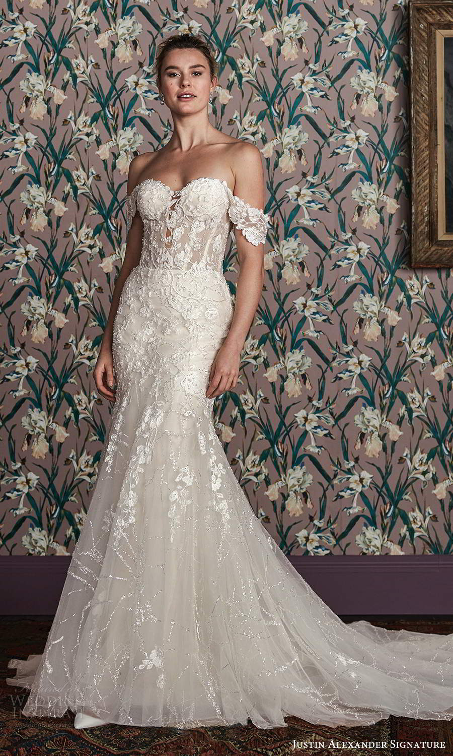 justin alexander spring 2021 bridal off shoulder straps sweetheart neckline fully embellished lace mermaid wedding dress chapel train (4) mv