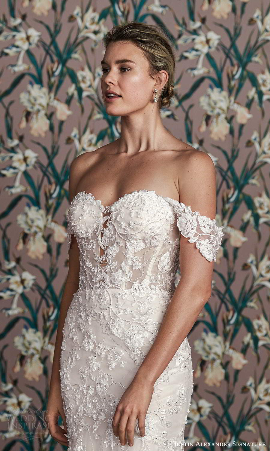 justin alexander spring 2021 bridal off shoulder straps sweetheart neckline fully embellished lace mermaid wedding dress chapel train (4) zv