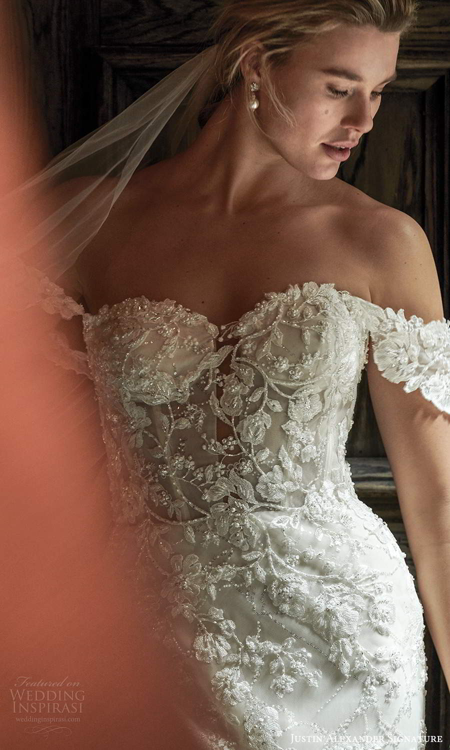 justin alexander spring 2021 bridal off shoulder straps sweetheart neckline fully embellished lace mermaid wedding dress chapel train veil (4) zv justin alexander spring 2021 bridal off shoulder straps sweetheart neckline fully embellished lace mermaid wedding dress chapel train veil (4) zv