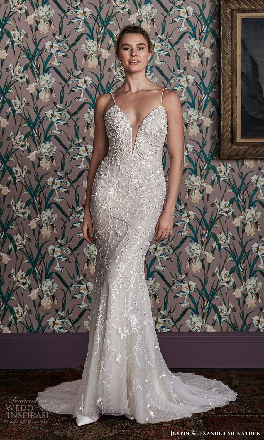 justin alexander spring 2021 bridal sleeveless spaghetti straps plunging sweetheart neckline fully embellished sheath wedding dress chapel train (15) bv