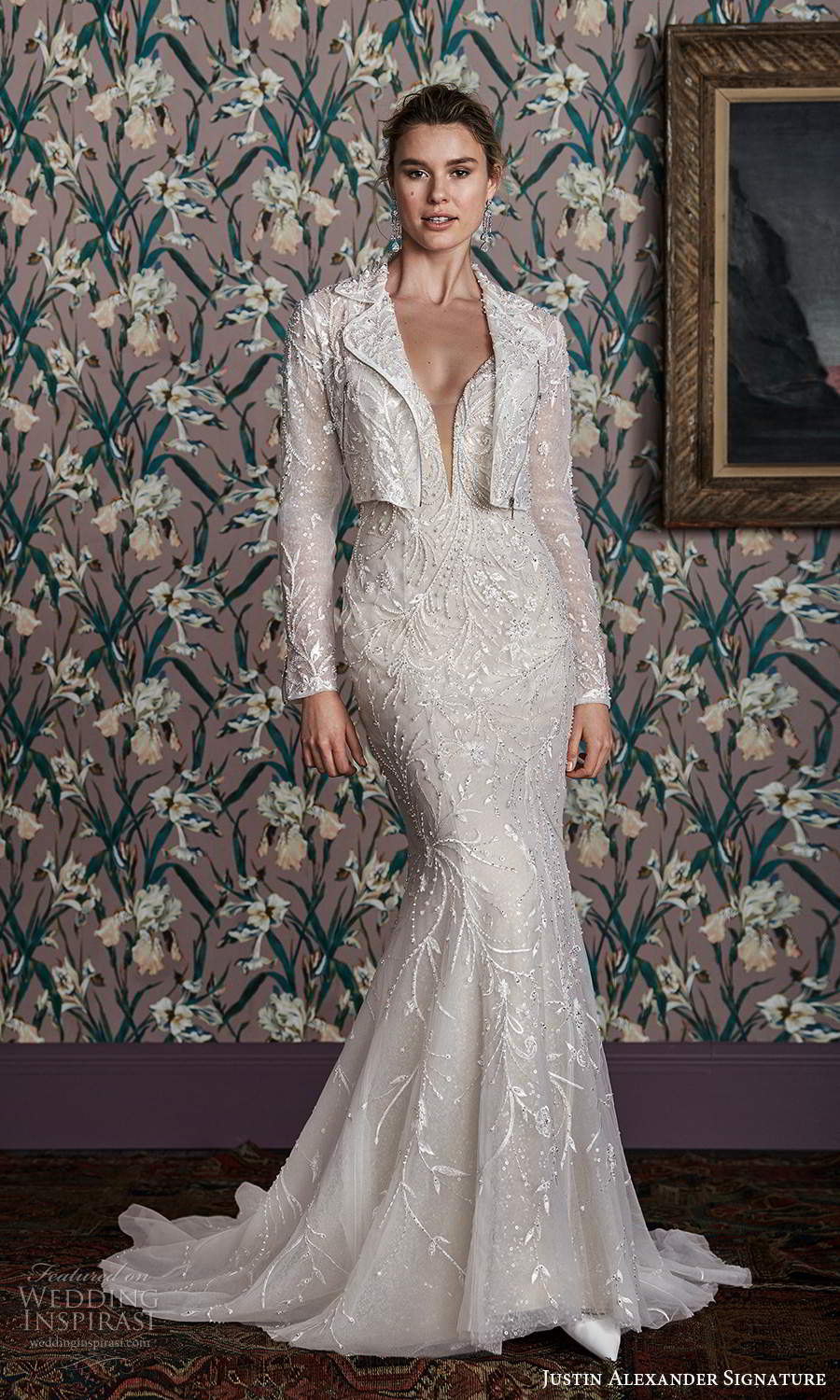 justin alexander spring 2021 bridal sleeveless spaghetti straps plunging sweetheart neckline fully embellished sheath wedding dress chapel train jacket (15) mv