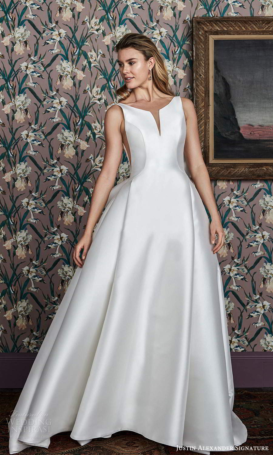 justin alexander spring 2021 bridal sleeveless straps notch jewel neckline clean minimalist a line princes wedding dress chapel train bow open back chapel train (8) mv