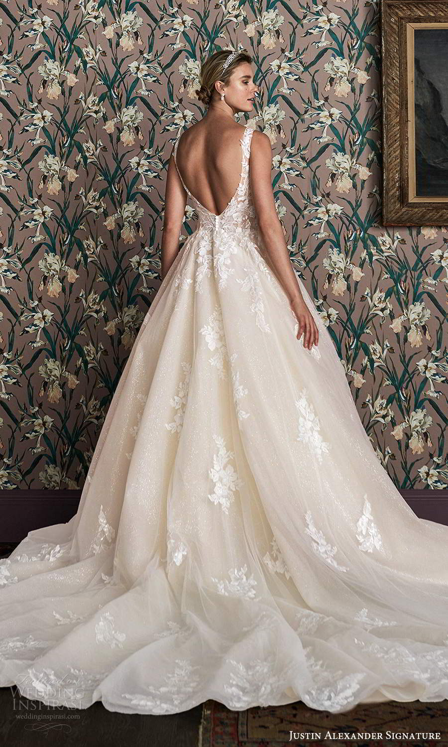 justin alexander spring 2021 bridal sleeveless straps plunging v neckline fully embellished glitter a line ball gown wedding dress scoop back cathedreal train (5) bv