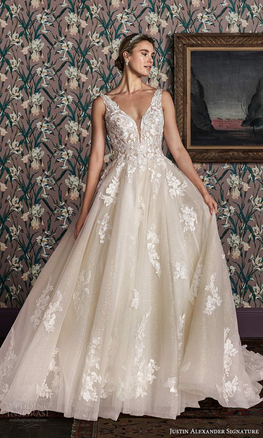 WELLINGTON Embroidered Long Sleeve Satin illusion plunge v-neck A-line  Wedding Dress