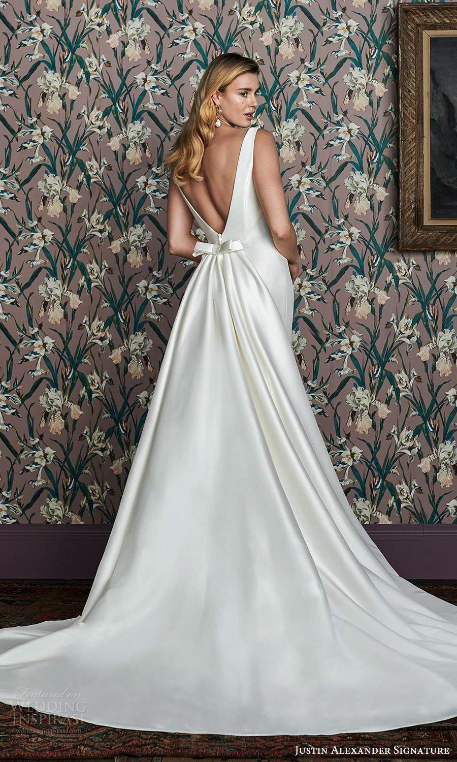 justin alexander spring 2021 bridal sleeveless thick straps square neckline clean minimalist fit flare mermaid mikado wedding dress v back detachable train (10) bv