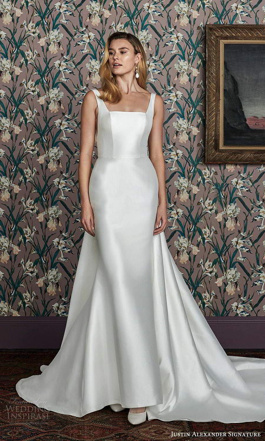 justin alexander spring 2021 bridal sleeveless thick straps square neckline clean minimalist fit flare mermaid mikado wedding dress v back detachable train (10) mv