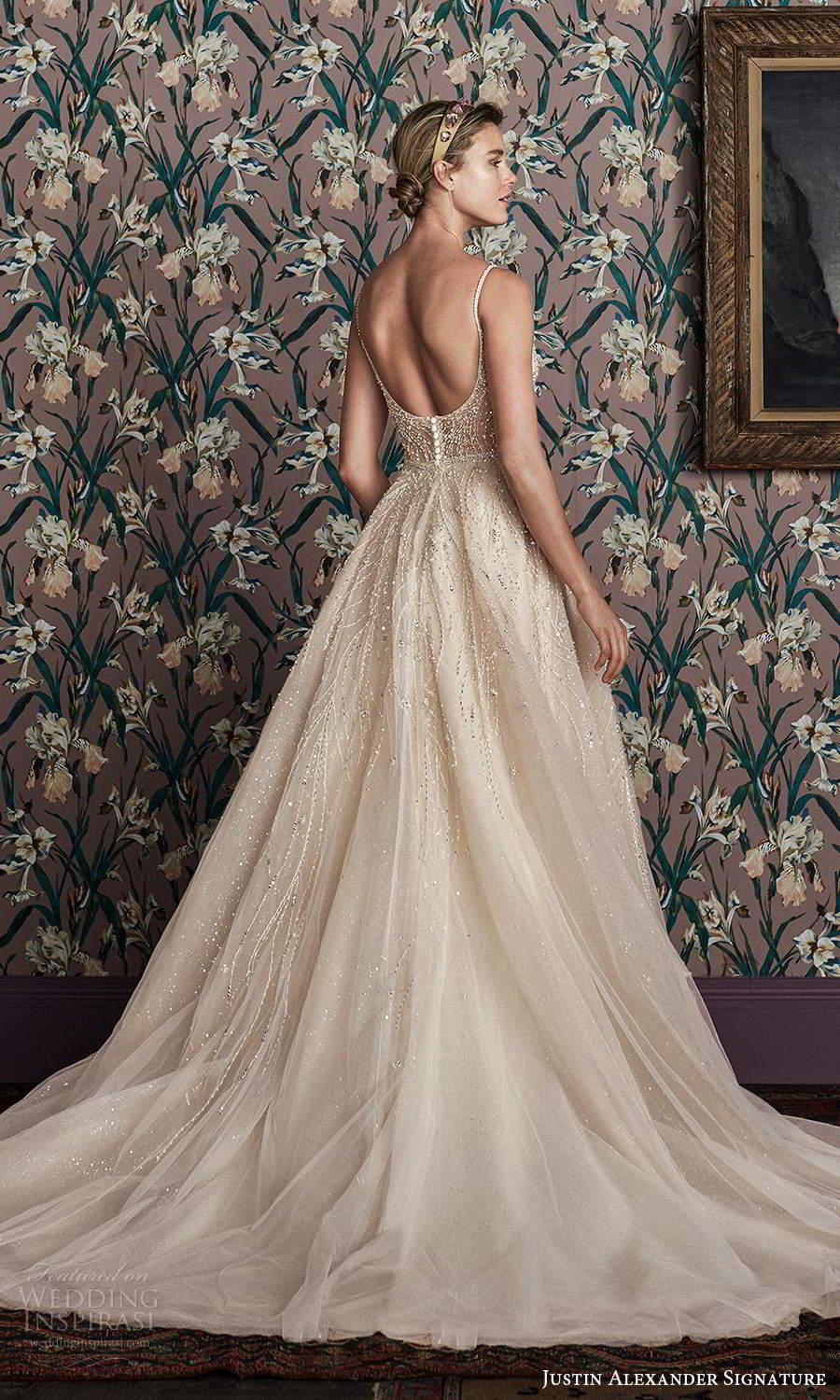 justin alexander spring 2021 bridal sleeveless thin straps v neckline fully embellished a line ball gown wedding dress scoop back chapel train (2) bv