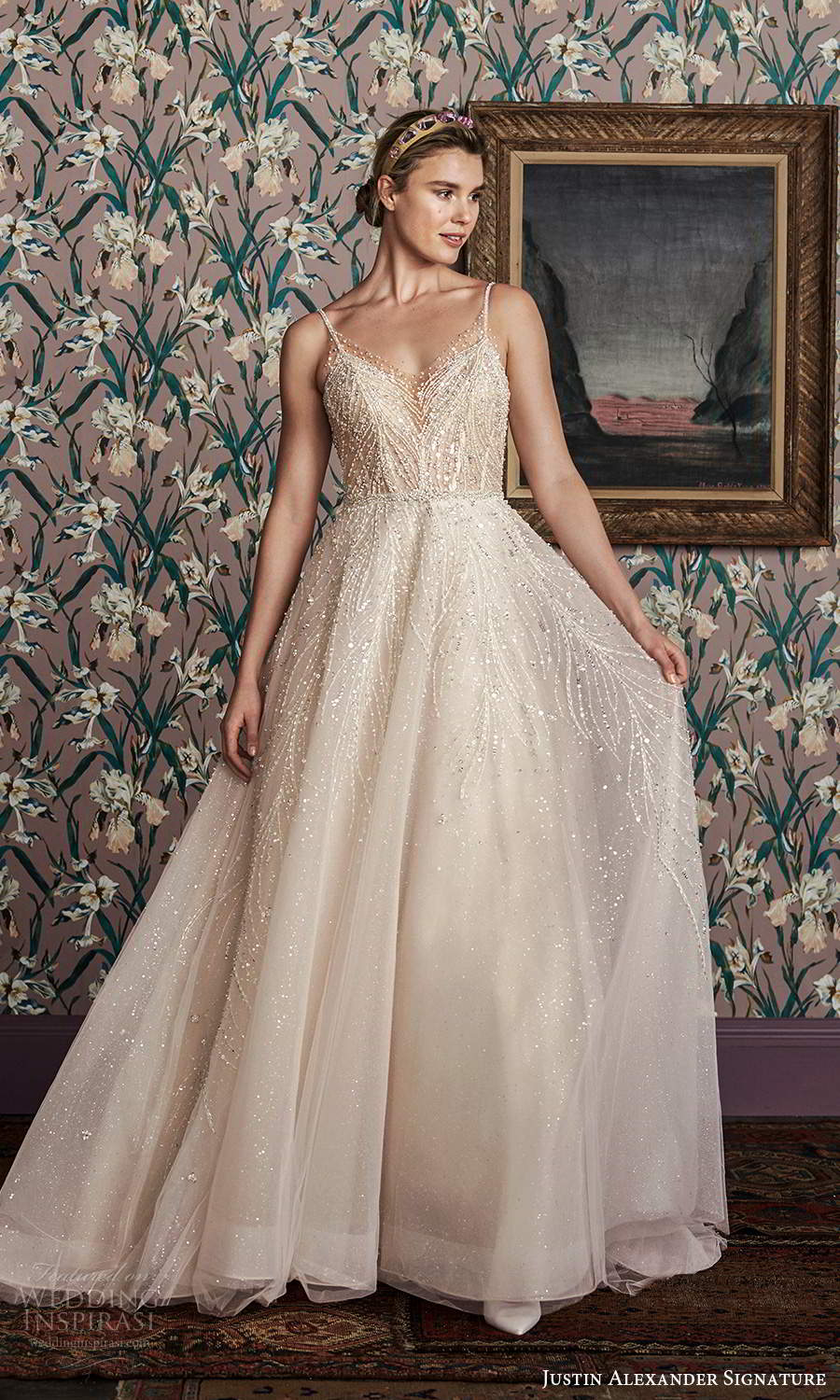 justin alexander spring 2021 bridal sleeveless thin straps v neckline fully embellished a line ball gown wedding dress scoop back chapel train (2) fv