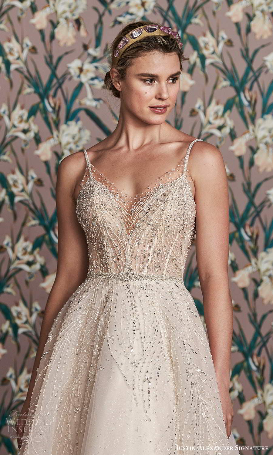 justin alexander spring 2021 bridal sleeveless thin straps v neckline fully embellished a line ball gown wedding dress scoop back chapel train (2) zv