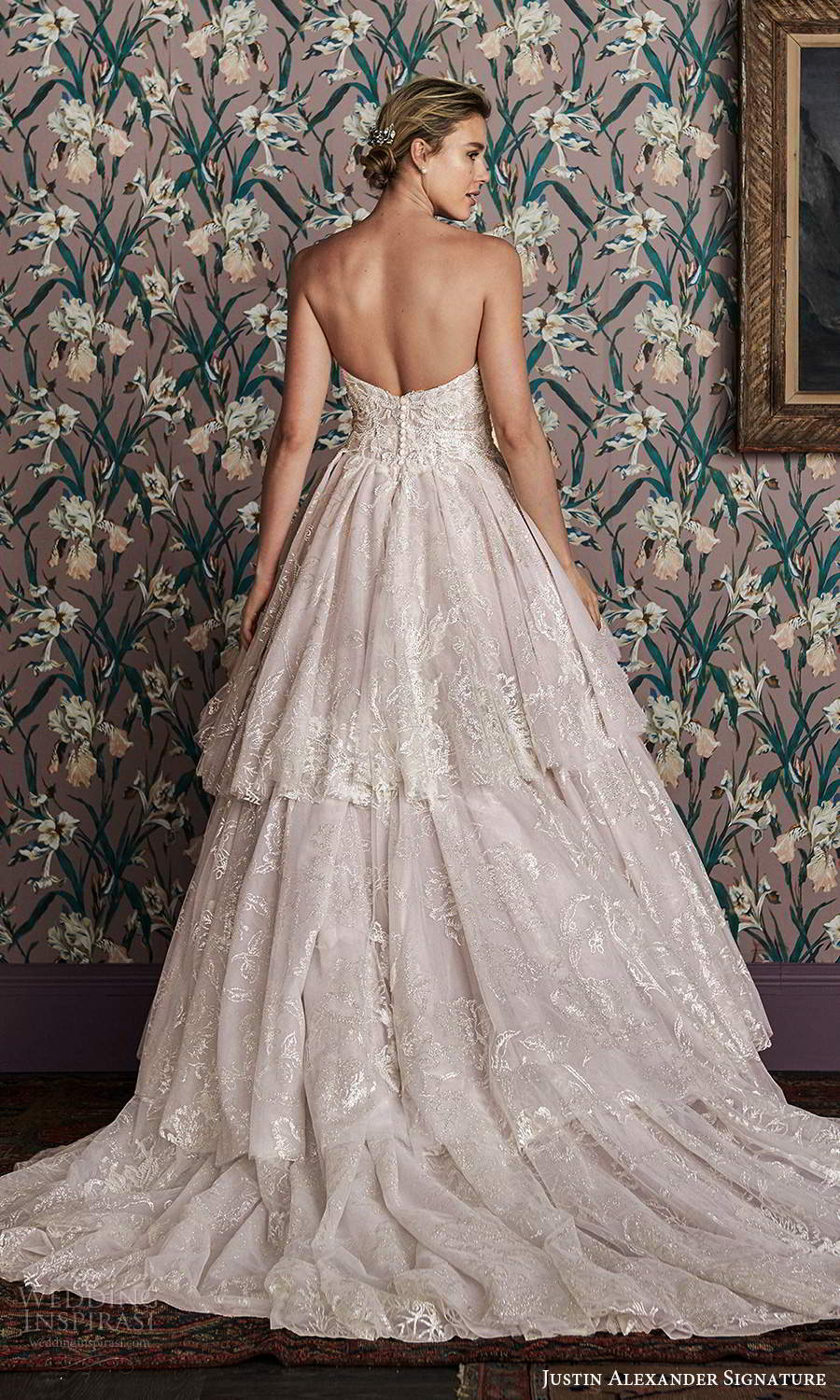 justin alexander spring 2021 bridal strapless sweetheart neckline fully embellished a line ball gown wedding dress chapel train blush (1) bv