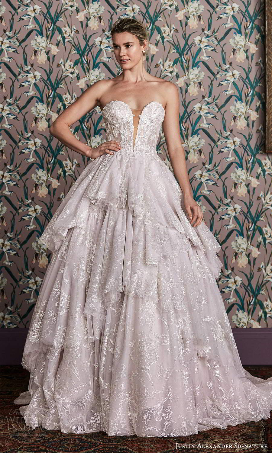 justin alexander spring 2021 bridal strapless sweetheart neckline fully embellished a line ball gown wedding dress chapel train blush (1) mv justin alexander spring 2021 bridal strapless sweetheart neckline fully embellished a line ball gown wedding dress chapel train blush (1) mv