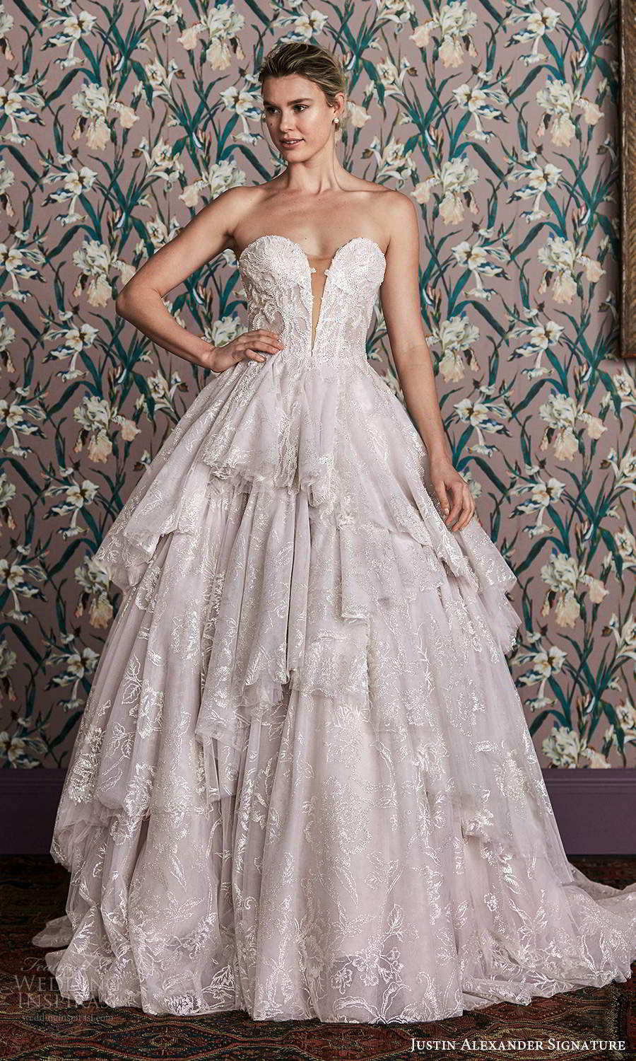 justin alexander spring 2021 bridal strapless sweetheart neckline fully embellished a line ball gown wedding dress chapel train blush (1) mv