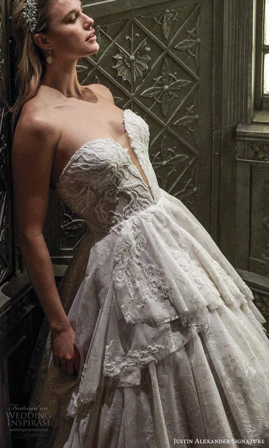 justin alexander spring 2021 bridal strapless sweetheart neckline fully embellished a line ball gown wedding dress chapel train blush (1) zv