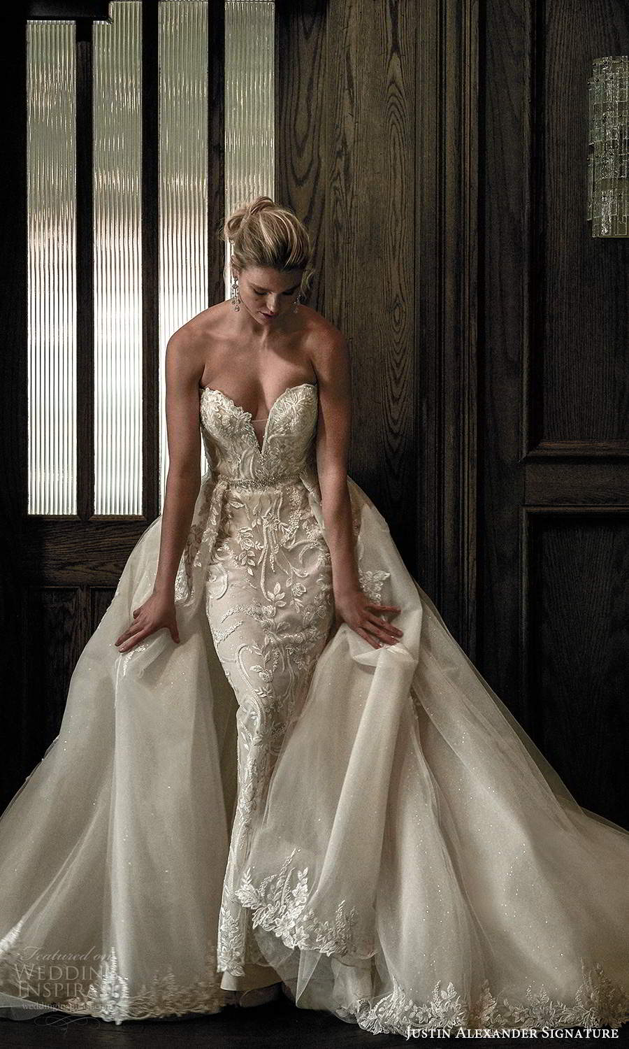 justin alexander spring 2021 bridal strapless sweetheart neckline fullyembellished sheath wedding dress a line ball gown overskirt chapel train (3) fv justin alexander spring 2021 bridal strapless sweetheart neckline fullyembellished sheath wedding dress a line ball gown overskirt chapel train (3) fv