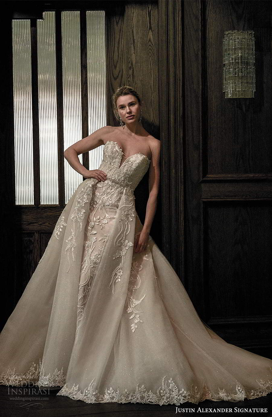 justin alexander spring 2021 bridal strapless sweetheart neckline fullyembellished sheath wedding dress a line ball gown overskirt chapel train (3) mv justin alexander spring 2021 bridal strapless sweetheart neckline fullyembellished sheath wedding dress a line ball gown overskirt chapel train (3) mv