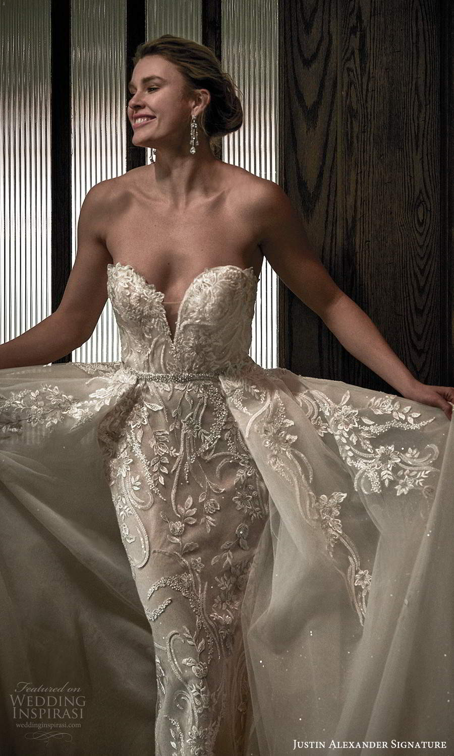justin alexander spring 2021 bridal strapless sweetheart neckline fullyembellished sheath wedding dress a line ball gown overskirt chapel train (3) zv justin alexander spring 2021 bridal strapless sweetheart neckline fullyembellished sheath wedding dress a line ball gown overskirt chapel train (3) zv