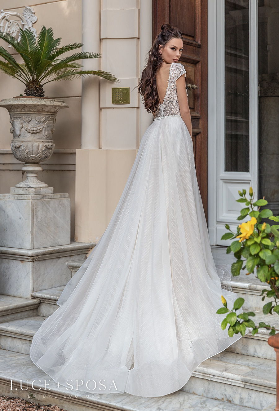 luce sposa 2021 sorrento bridal cap sleeves deep plunging v neck heavily embellished bodice tulle skirt romantic a  line wedding dress v back chapel train (daria) bv