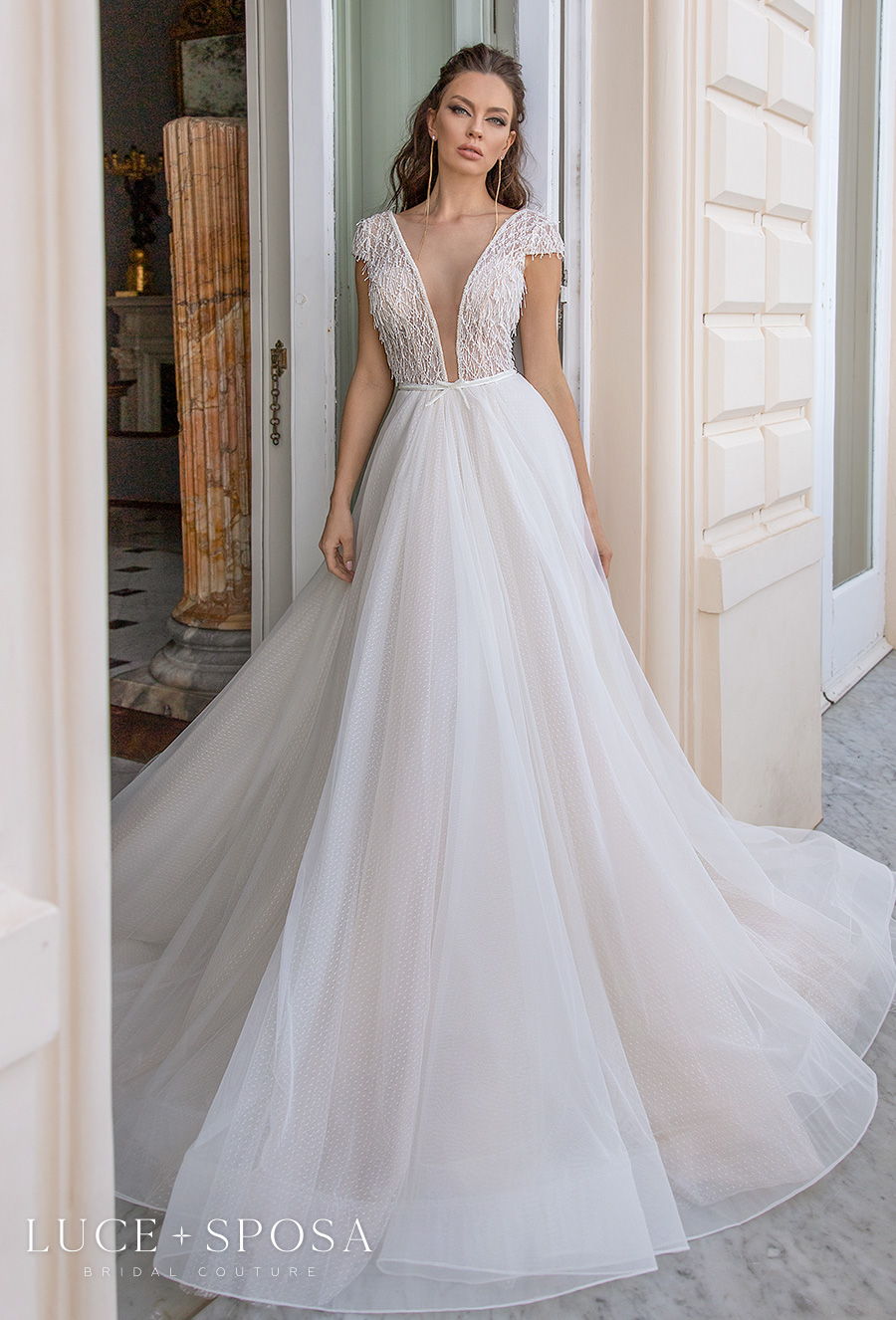 luce sposa 2021 sorrento bridal cap sleeves deep plunging v neck heavily embellished bodice tulle skirt romantic a  line wedding dress v back chapel train (daria) mv