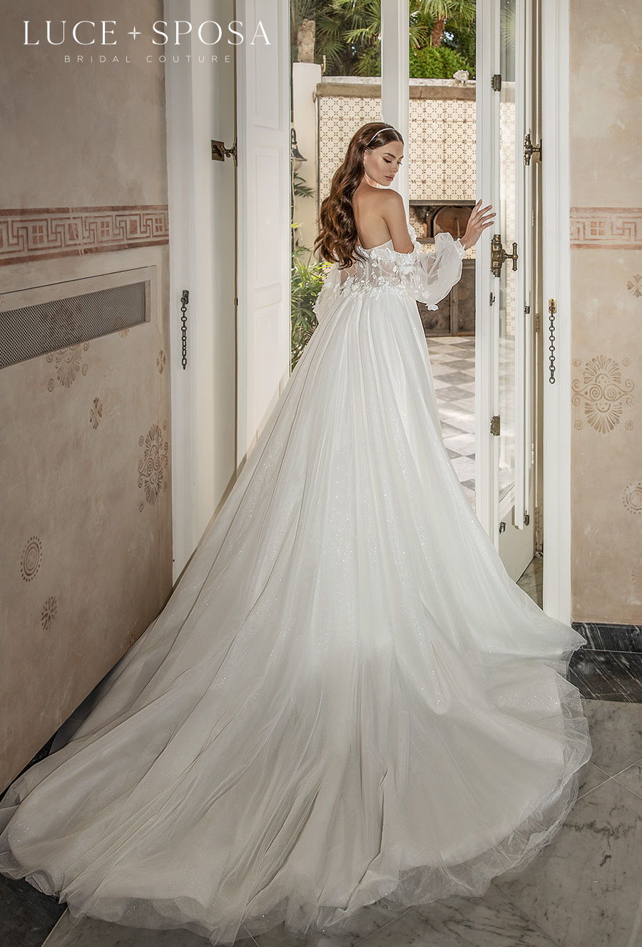 luce sposa 2021 sorrento bridal long bishop sleeves sweetheart neckline heavily embellished bodice romantic a  line wedding dress mid back long train (fiama) bv