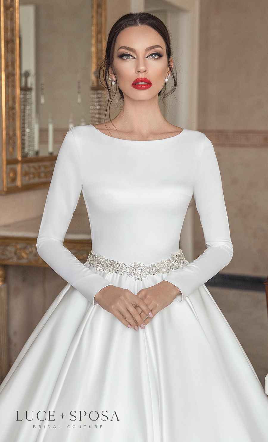 luce sposa 2021 sorrento bridal long sleeves bateau neckline simple minimalist elegant princess a  line wedding dress keyhole back chapel train (santa) zv