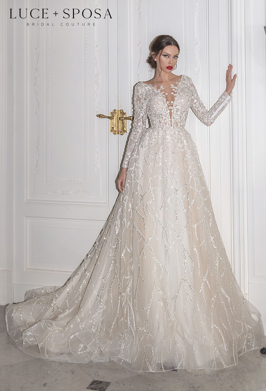 luce sposa 2021 sorrento bridal long sleeves deep plunging v neck full embellishment glamorous romantic a  line wedding dress v back chapel train (fabrizia) mv