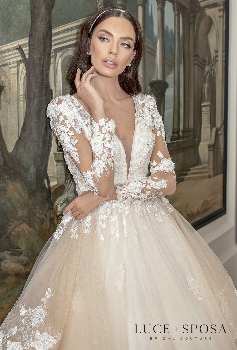 luce sposa 2021 sorrento bridal long sleeves deep v neck heavily embellished bodice tiered skirt romantic ivory a  line wedding dress keyhole back royal train (rosina) zv