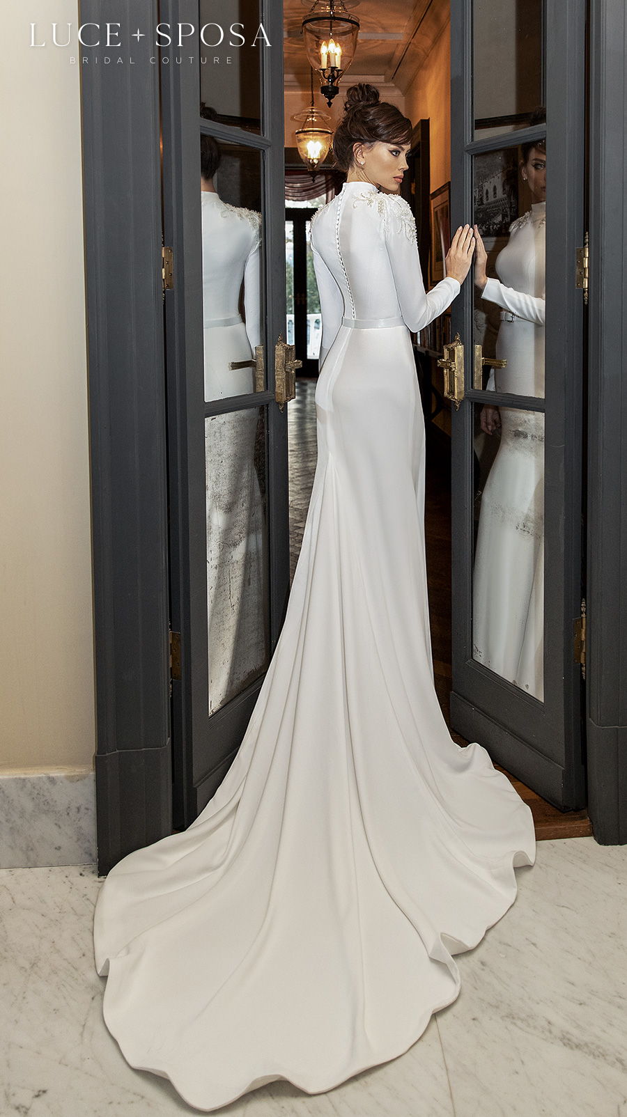 luce sposa 2021 sorrento bridal long sleeves high neck simple minimalist modern elegant sheath wedding dress covered back chapel train (sonia) bv