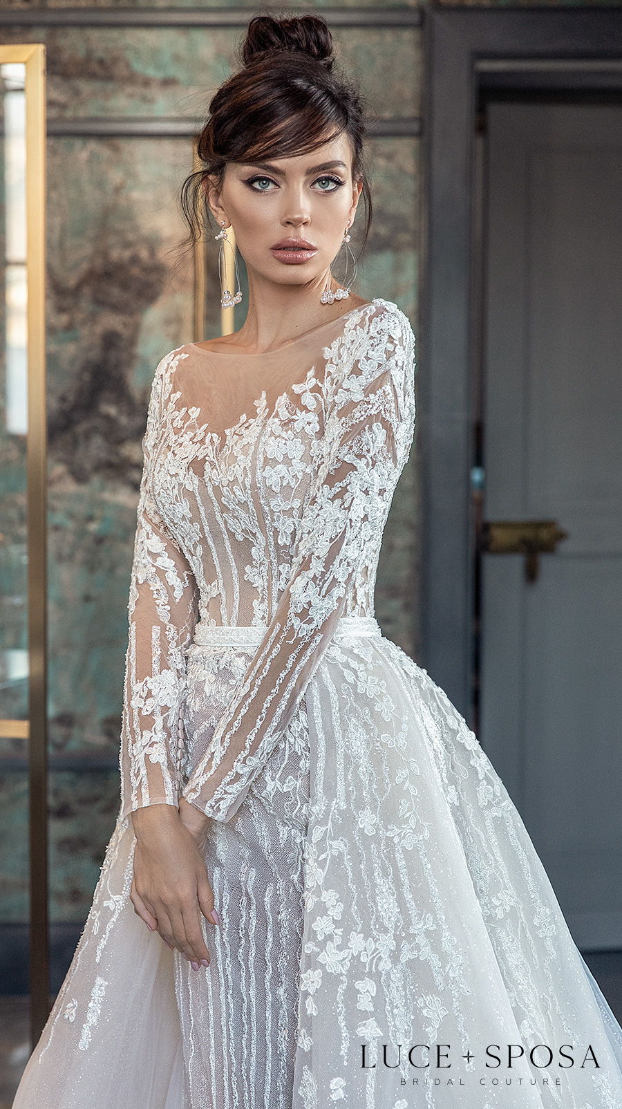 luce sposa 2021 sorrento bridal long sleeves illusion bateau sweetheart neckline full embellishment mermaid wedding dress a  line overskirt sheer button mid back chapel train (marissa) zv