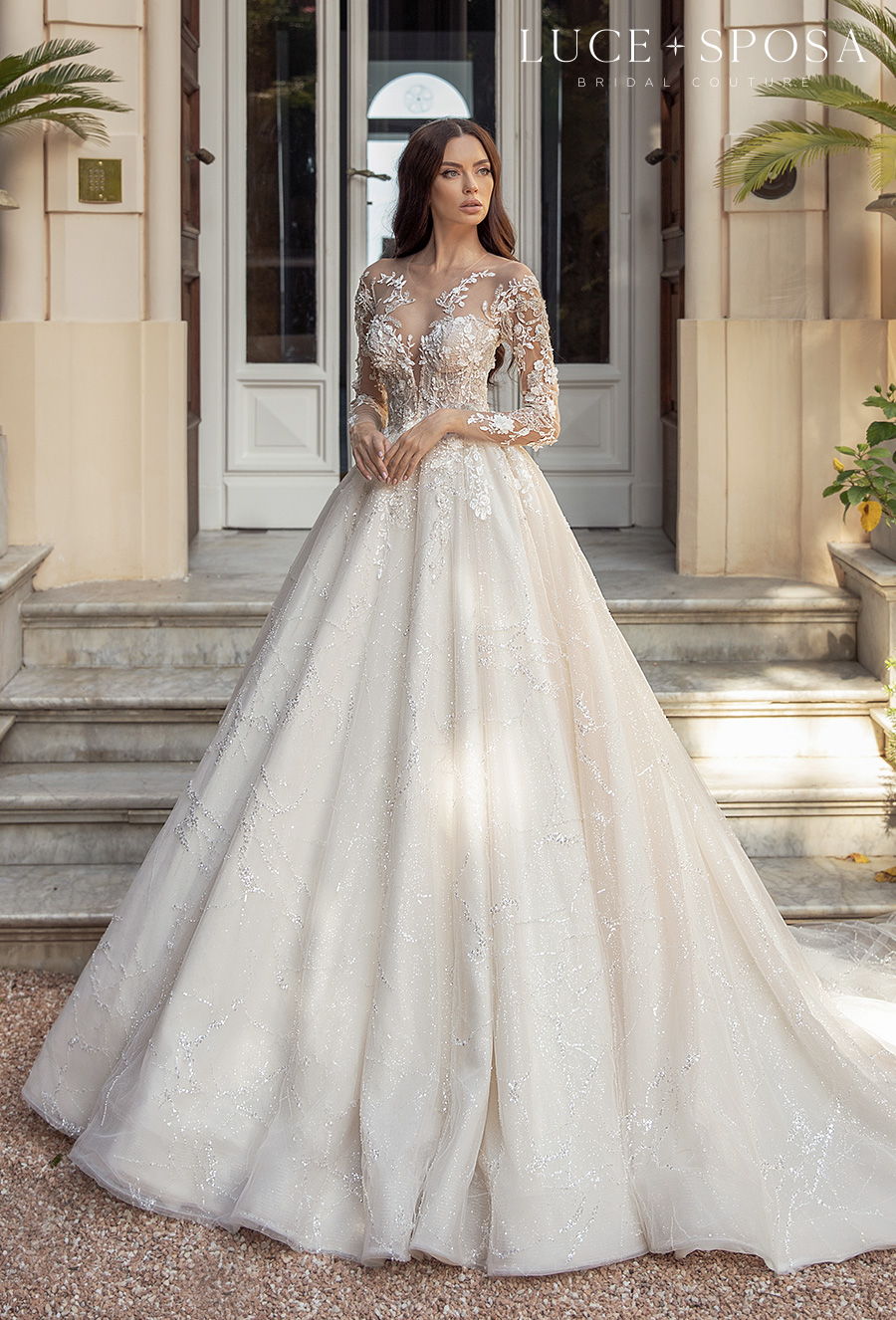 luce sposa 2021 sorrento bridal long sleeves illusion jewel sweetheart neckline heavily embellished bodice princess a  line wedding dress sheer button back chapel train (medeya) mv