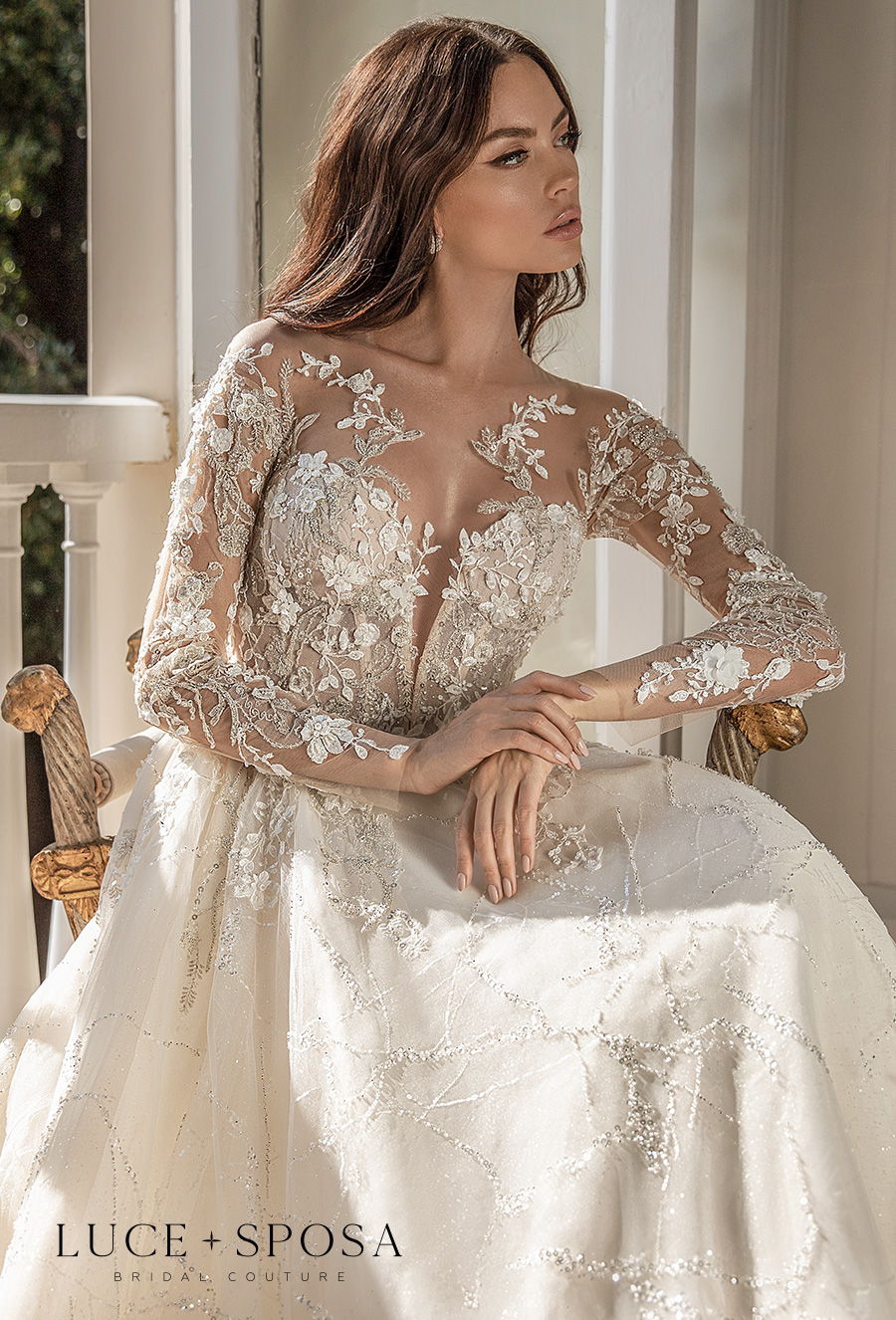 luce sposa 2021 sorrento bridal long sleeves illusion jewel sweetheart neckline heavily embellished bodice princess a  line wedding dress sheer button back chapel train (medeya) zv