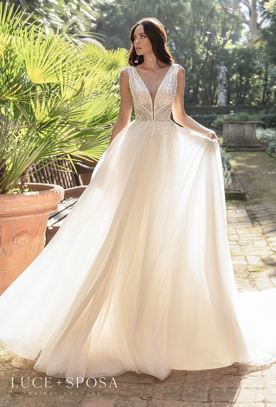 luce sposa 2021 sorrento bridal sleeveless v neck heavily embellished bodice romantic a  line wedding dress backless v back chapel train (etta) mv