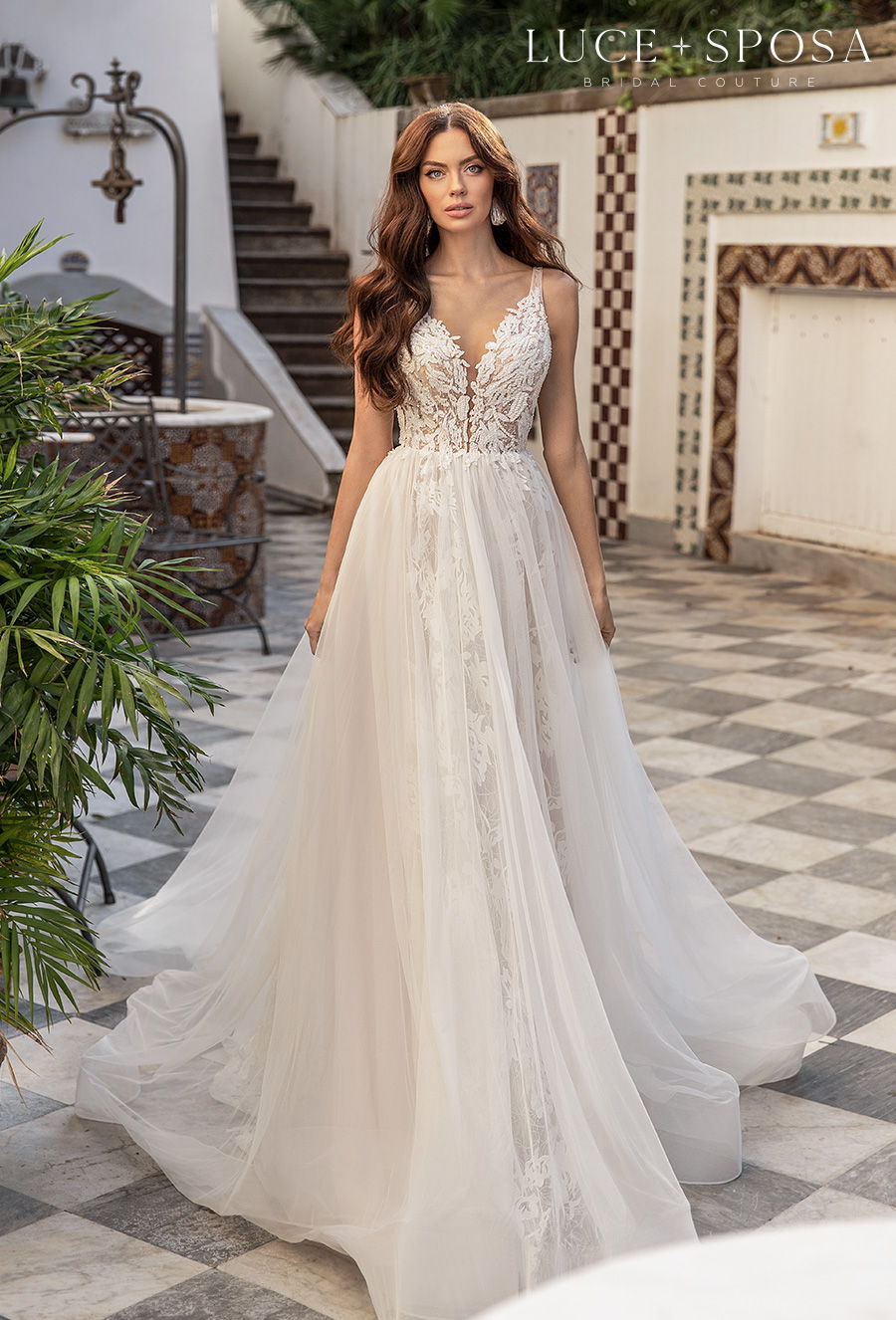 luce sposa 2021 sorrento bridal sleeveless with strap romantic a  line wedding dress sheer button v back chapel train (tiziana) mv