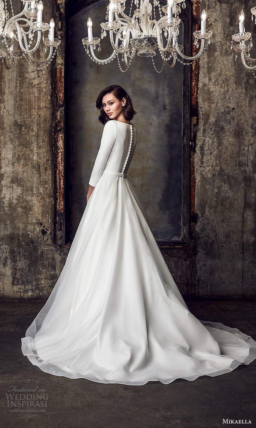 mikaella fall 2020 bridal 3 quarter sleeves bateau neckline clean minimalist a line ball gown wedding dress chapel train (2) bv