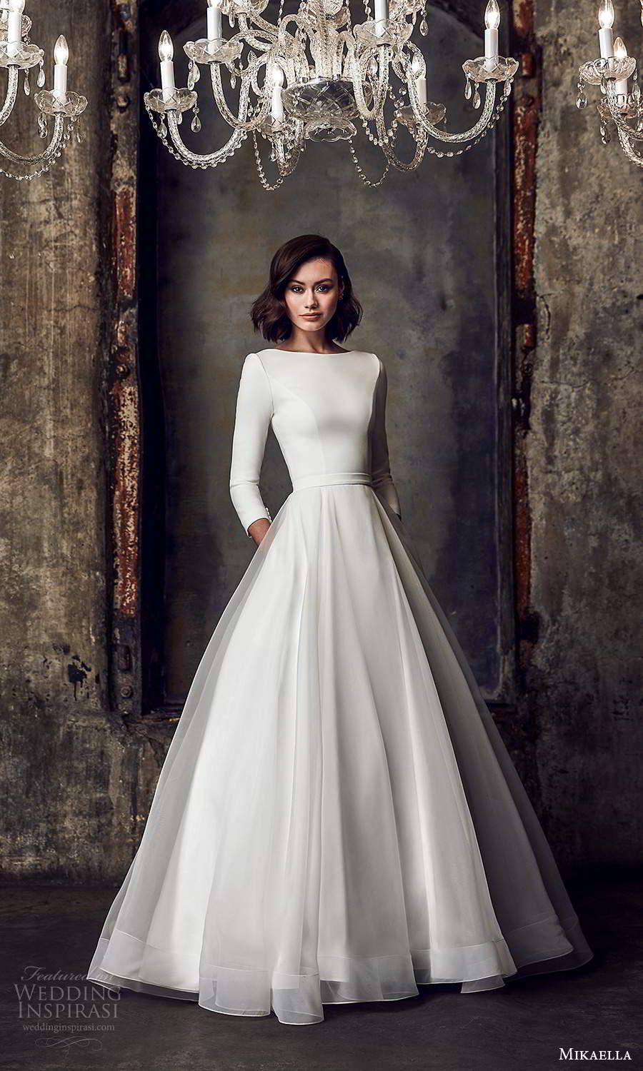 mikaella fall 2020 bridal 3 quarter sleeves bateau neckline clean minimalist a line ball gown wedding dress chapel train (2) mv